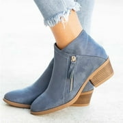 Juebong Christmas Deals Women's Shoes Solid Color Casual Simple Middle Heel Pointed Toe Side Zipper Ankle Boots,7.5, Blue